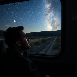 A contemplative man gazing at the starry night sky from inside a moving train