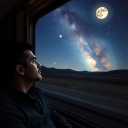 A contemplative man gazing at the starry night sky from inside a moving train