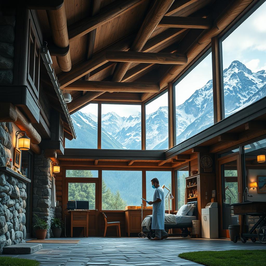 A rustic hospital nestled in the mountains, with a skilled and compassionate doctor attending to a patient in a warmly lit and cozy room