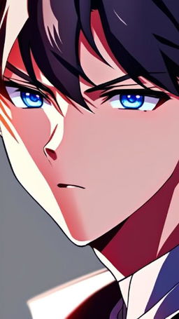 Intense close-up profile picture of an anime boy with sharp features, expressive blue eyes, and dark hair. Dramatic shadows cast across his face against a gradient dark background.