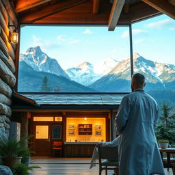 A rustic hospital nestled in the mountains, with a skilled and compassionate doctor attending to a patient in a warmly lit and cozy room