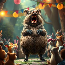 An amusing and lively scene featuring a large, rotund wild boar passionately singing with a furious expression