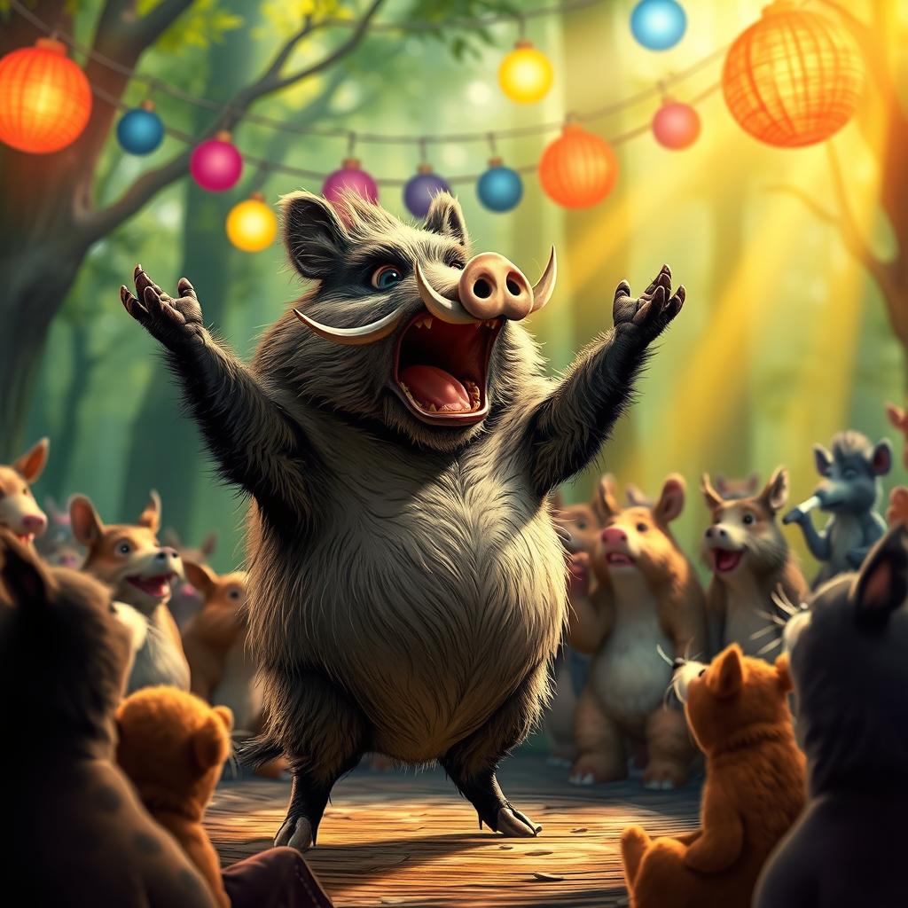 An amusing and lively scene featuring a large, rotund wild boar passionately singing with a furious expression