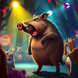 An amusing and lively scene featuring a large, rotund wild boar passionately singing with a furious expression