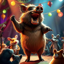 An amusing and lively scene featuring a large, rotund wild boar passionately singing with a furious expression