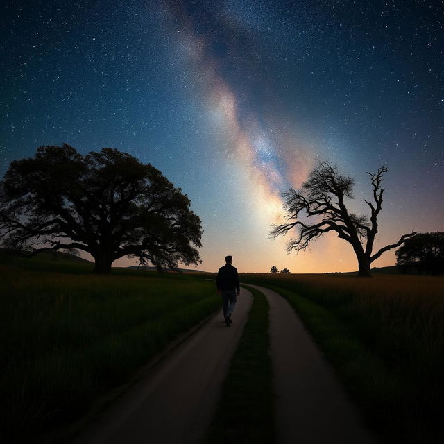 A solitary figure walking along a quiet, winding path under a starry night sky