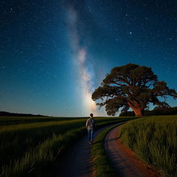 A solitary figure walking along a quiet, winding path under a starry night sky