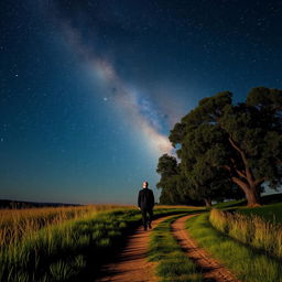 A solitary figure walking along a quiet, winding path under a starry night sky