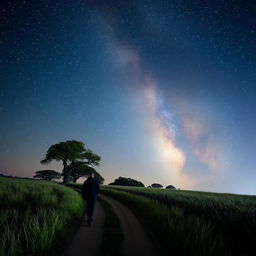 A solitary figure walking along a quiet, winding path under a starry night sky