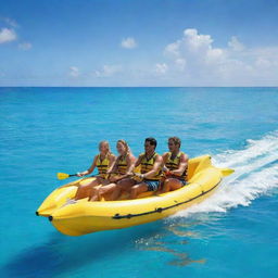 A thrilling banana boating ride for two on shimmering turquoise waters. The riders are holding tight, their faces lit up with excitement and joy as the banana boat bounces and glides across the ocean blue under a radiant, sunny sky.