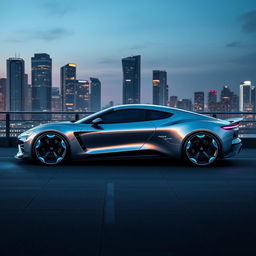 Futuristic sports car inspired by the Renault Megane, sleek and aerodynamic design, emphasizing clean lines and high performance features, metallic silver color with neon blue accents, set against a modern city skyline at dusk with glowing city lights in the background