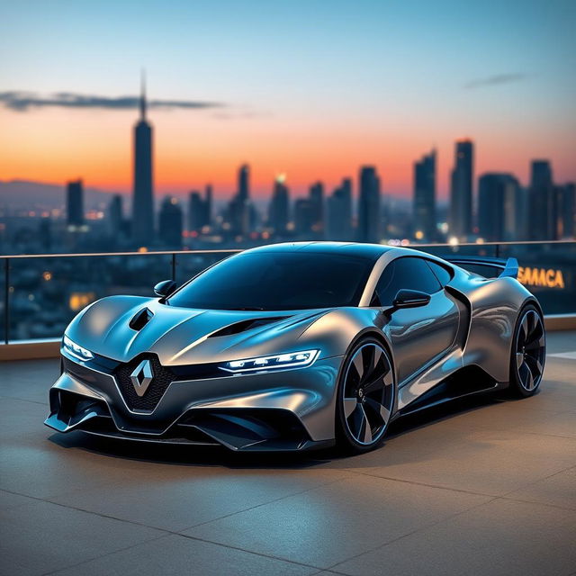 Futuristic sports car inspired by the Renault Megane, sleek and aerodynamic design, emphasizing clean lines and high performance features, metallic silver color with neon blue accents, set against a modern city skyline at dusk with glowing city lights in the background