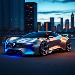 Futuristic sports car inspired by the Renault Megane, sleek and aerodynamic design, emphasizing clean lines and high performance features, metallic silver color with neon blue accents, set against a modern city skyline at dusk with glowing city lights in the background