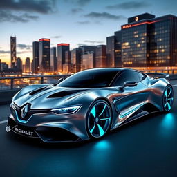 Futuristic sports car inspired by the Renault Megane, sleek and aerodynamic design, emphasizing clean lines and high performance features, metallic silver color with neon blue accents, set against a modern city skyline at dusk with glowing city lights in the background