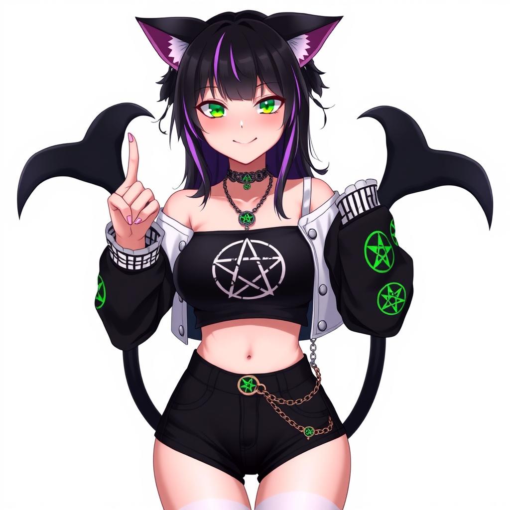 Anime-style 27-year-old woman with cat ears and two black cat tails