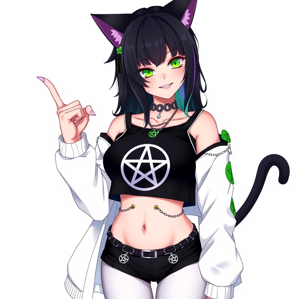 Anime-style 27-year-old woman with cat ears and two black cat tails