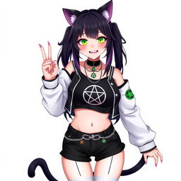 Anime-style 27-year-old woman with cat ears and two black cat tails