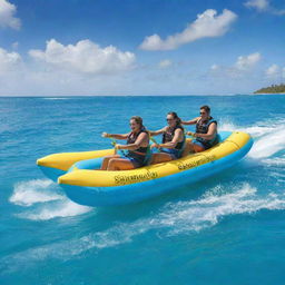 A thrilling banana boating ride for two on shimmering turquoise waters. The riders are holding tight, their faces lit up with excitement and joy as the banana boat bounces and glides across the ocean blue under a radiant, sunny sky.