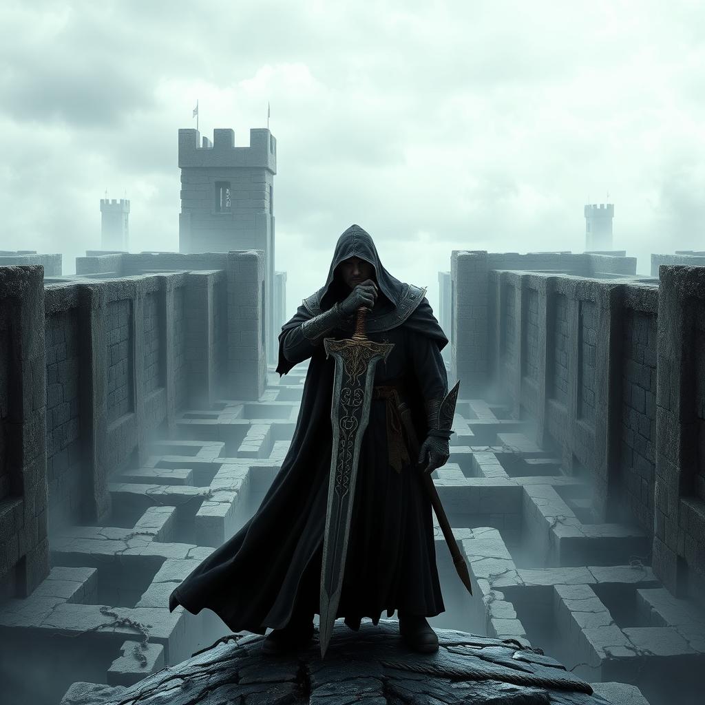 A medieval warrior named Azarov in a long, dark cloak standing amidst the labyrinth of oblivion