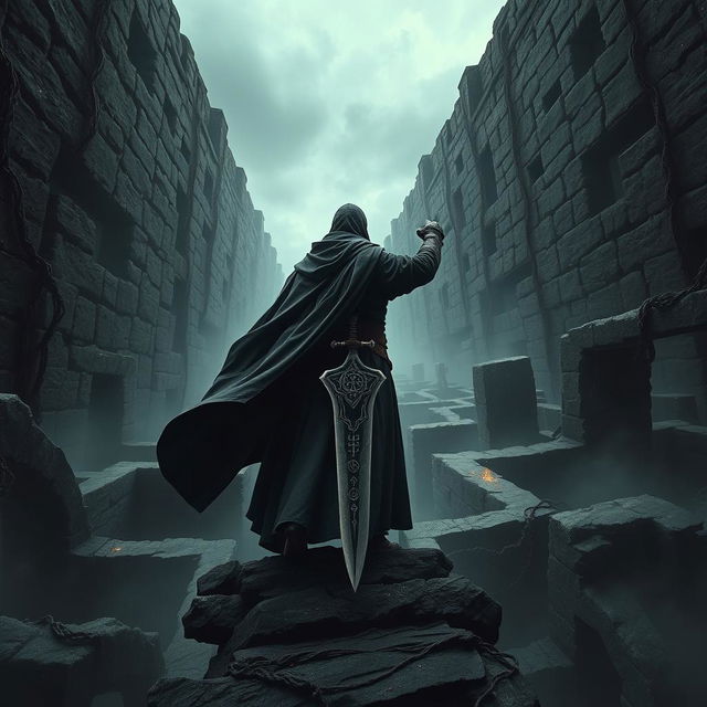 A medieval warrior named Azarov in a long, dark cloak standing amidst the labyrinth of oblivion