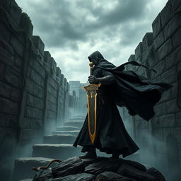 A medieval warrior named Azarov in a long, dark cloak standing amidst the labyrinth of oblivion