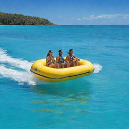 A thrilling banana boating ride for two on shimmering turquoise waters. The riders are holding tight, their faces lit up with excitement and joy as the banana boat bounces and glides across the ocean blue under a radiant, sunny sky.