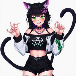 Anime style depiction of a 27-year-old woman with cat ears and two black cat tails