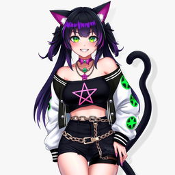 Anime style depiction of a 27-year-old woman with cat ears and two black cat tails