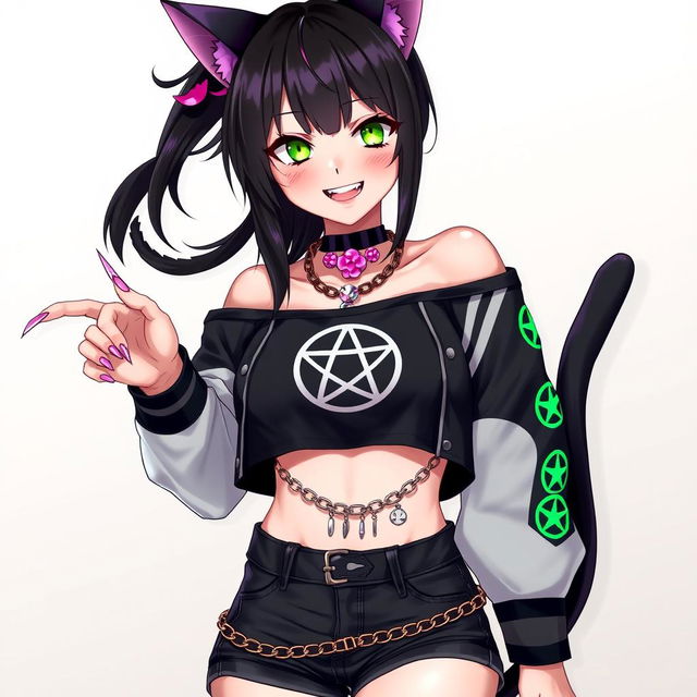 Anime style depiction of a 27-year-old woman with cat ears and two black cat tails