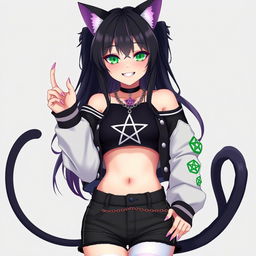 Anime style depiction of a 27-year-old woman with cat ears and two black cat tails