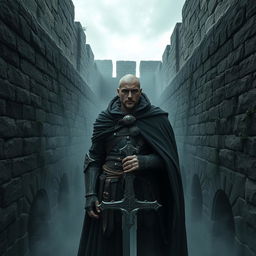 A medieval warrior named Azarov in a long, dark cloak and worn armor, gazing with a penetrating look in the labyrinth of oblivion