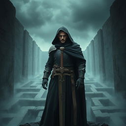 A medieval warrior named Azarov in a long, dark cloak and worn armor, gazing with a penetrating look in the labyrinth of oblivion