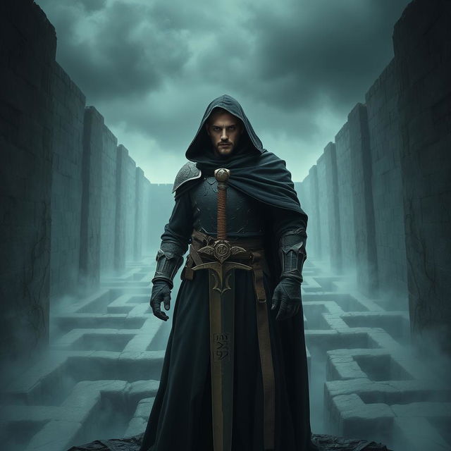 A medieval warrior named Azarov in a long, dark cloak and worn armor, gazing with a penetrating look in the labyrinth of oblivion