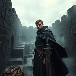 A medieval warrior named Azarov in a long, dark cloak and worn armor, gazing with a penetrating look in the labyrinth of oblivion