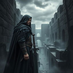 A medieval warrior named Azarov in a long, dark cloak and worn armor, gazing with a penetrating look in the labyrinth of oblivion