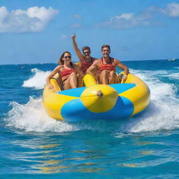 A thrilling banana boating ride for two on shimmering turquoise waters. The riders are holding tight, their faces lit up with excitement and joy as the banana boat bounces and glides across the ocean blue under a radiant, sunny sky.