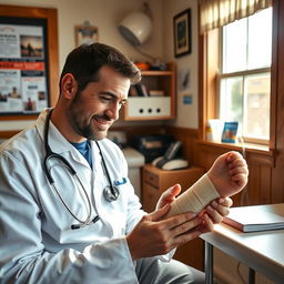 A dedicated doctor in a small town clinic, tending to a sports injury of his young son