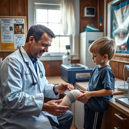 A dedicated doctor in a small town clinic, tending to a sports injury of his young son