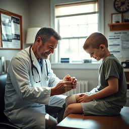 A dedicated doctor in a small town clinic, tending to a sports injury of his young son