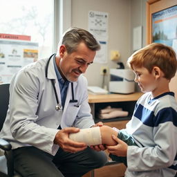 A dedicated doctor in a small town clinic, tending to a sports injury of his young son