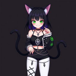 Anime style illustration of a 27-year-old girl with cat ears and two black cat tails