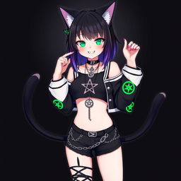 Anime style illustration of a 27-year-old girl with cat ears and two black cat tails