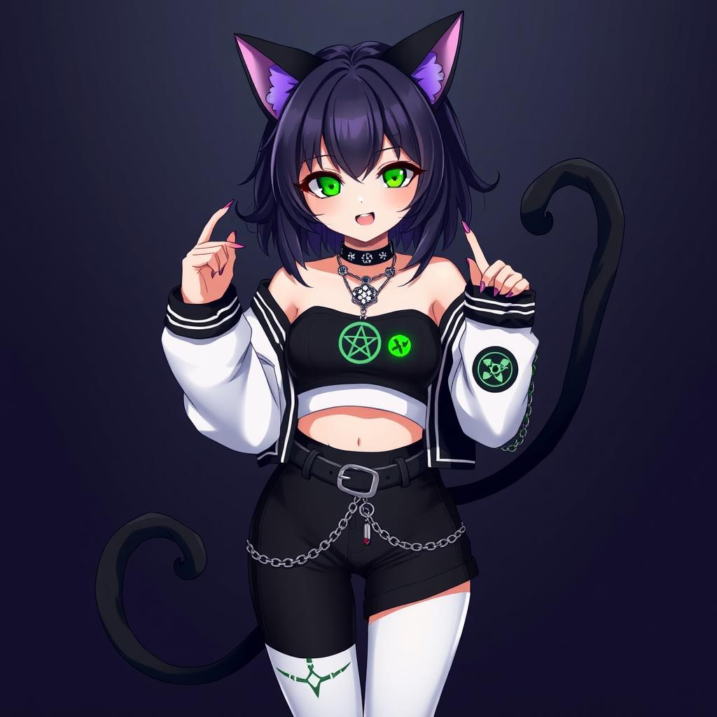 Anime style illustration of a 27-year-old girl with cat ears and two black cat tails