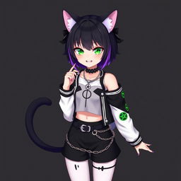 Anime style illustration of a 27-year-old girl with cat ears and two black cat tails