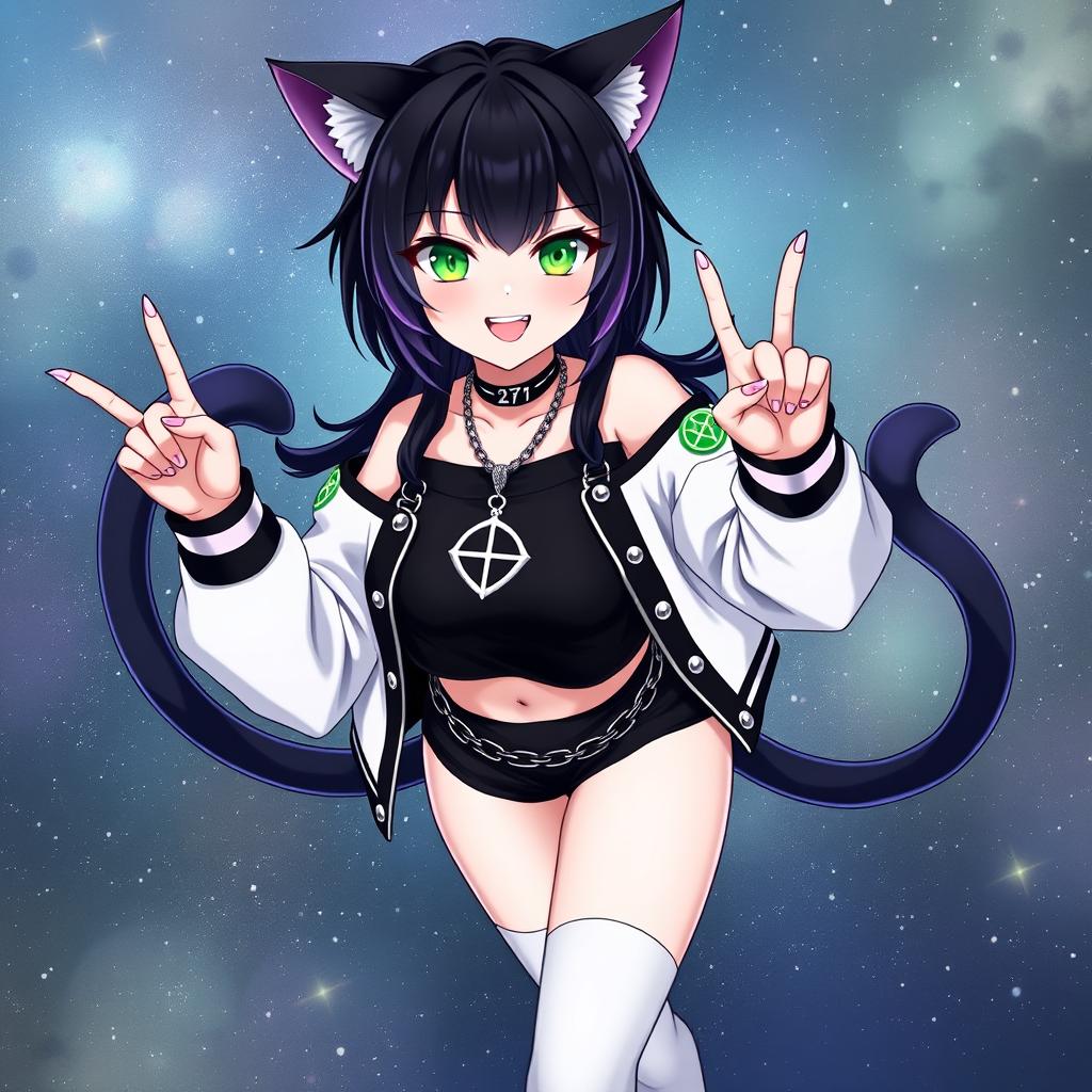 Anime style image of a 27-year-old girl with black cat ears and two black cat tails