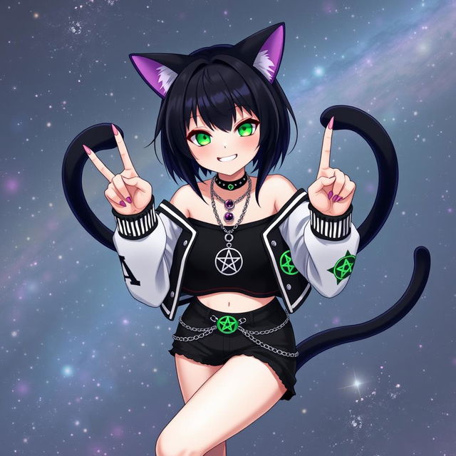 Anime style image of a 27-year-old girl with black cat ears and two black cat tails