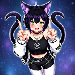 Anime style image of a 27-year-old girl with black cat ears and two black cat tails