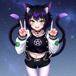 Anime style image of a 27-year-old girl with black cat ears and two black cat tails