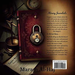 Create a novel cover design featuring a vintage journal with a lock in the center, symbolizing secrets and hidden truths