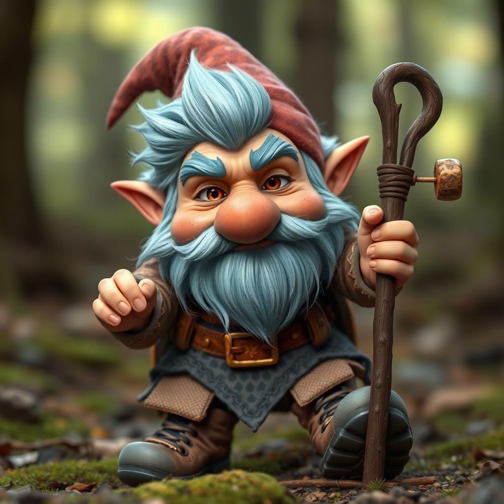 A mischievous forest gnome with icy blue hair and sideburns, looking around 30 years old, sporting a rascal-like expression